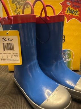 Bixbee Blue Kids Rain Boots with Red Trim and Silver Toecaps